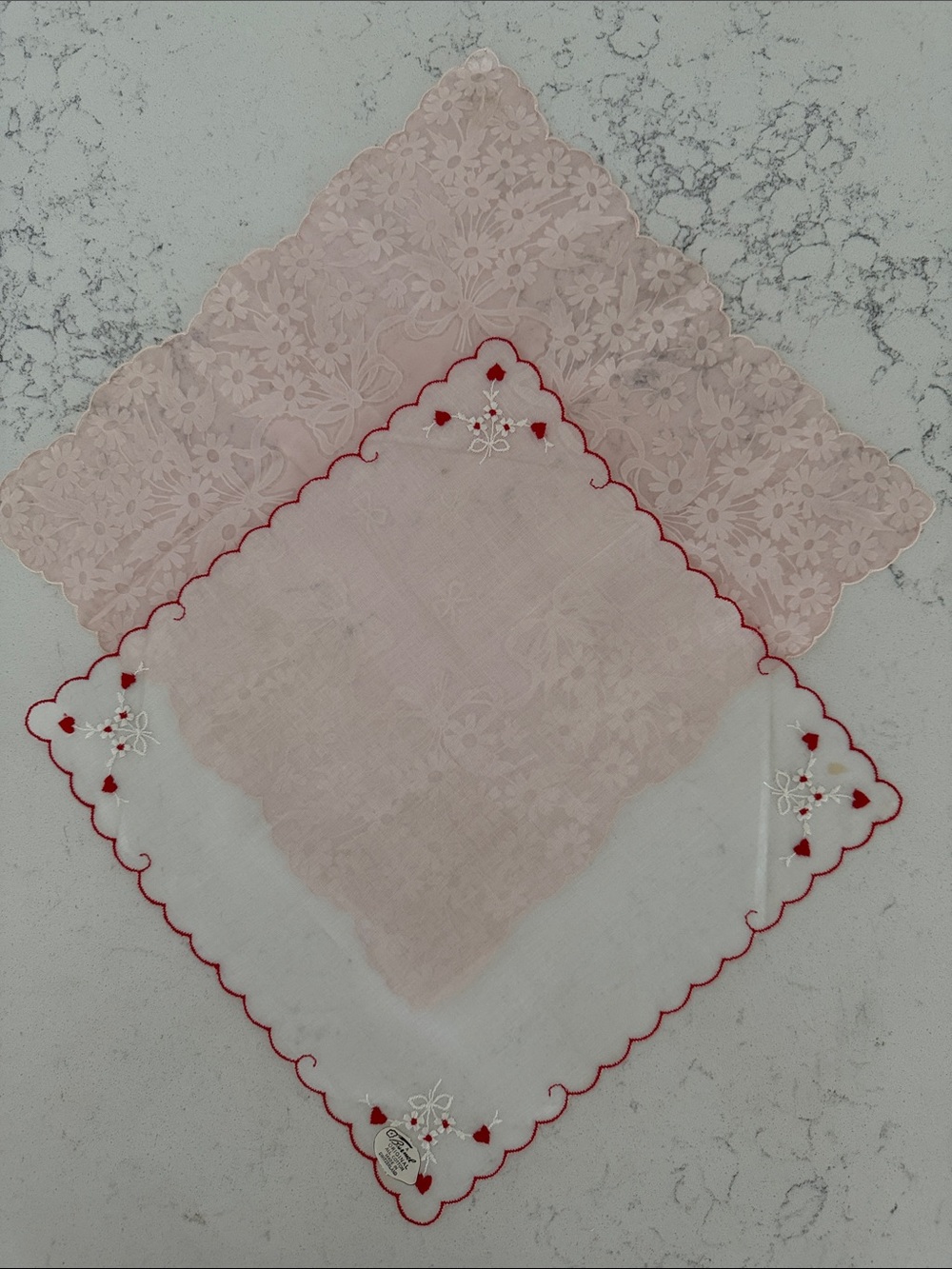 Vintage 2 pc Original White Cotton and Pink Handkerchief with Red Embroidery